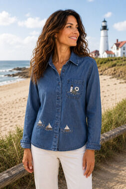 Christopher & Banks Nautical Lighthouse Ship Wheel Life Saver Denim Shacket L